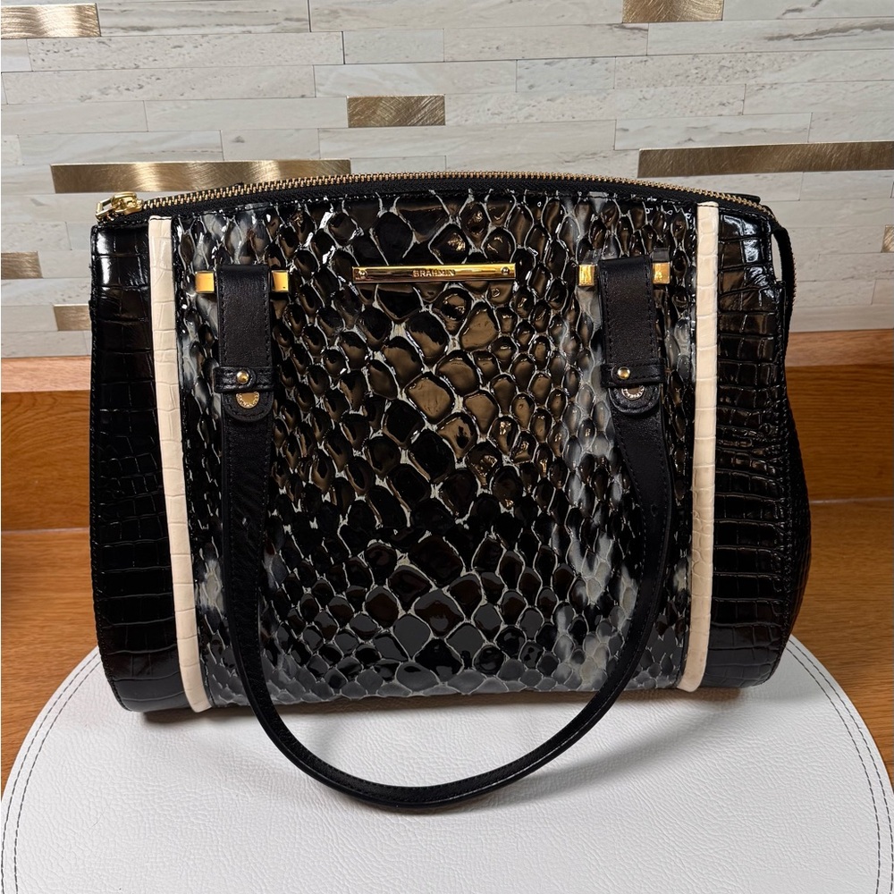 Brahmin Alice Satchel Black Carlisle Snake Embossed Leather Purse‎ Small